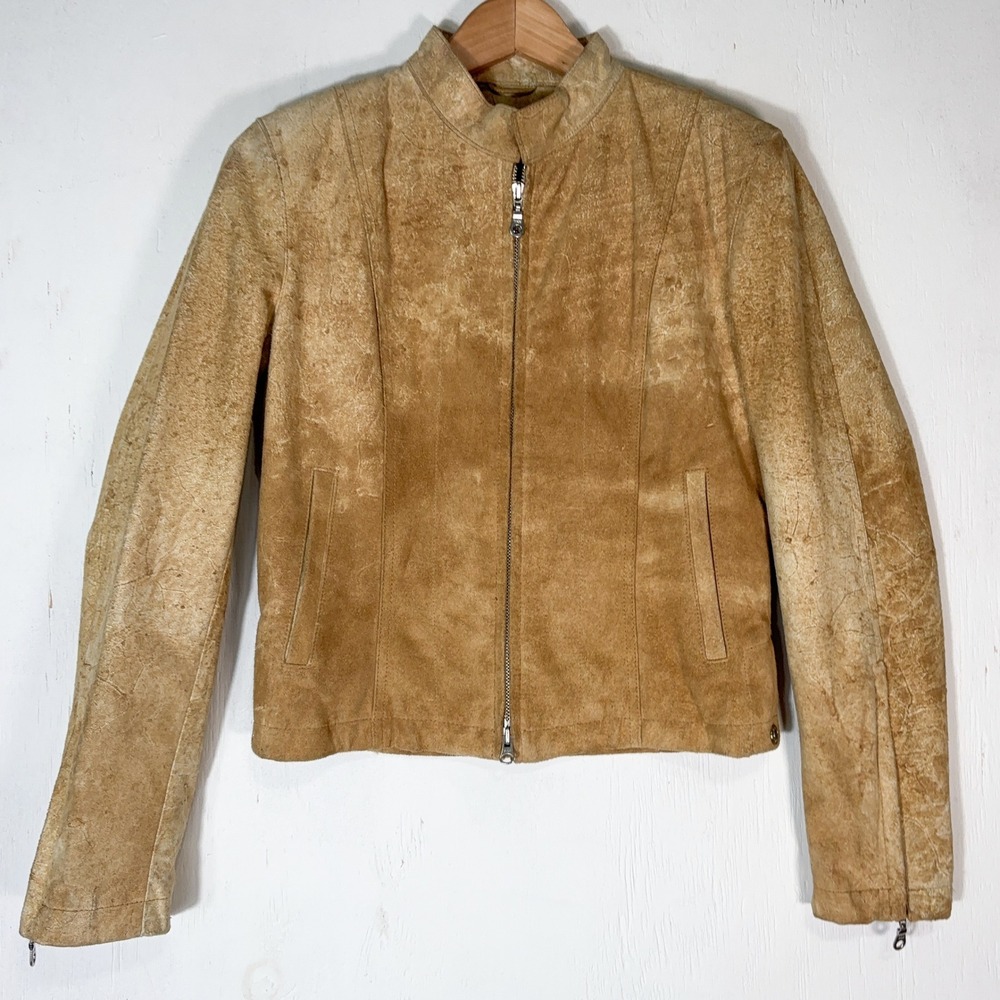 VTG 90s Wilsons Maxima Suede Leather Jacket Womens S Tan Zip Moto Biker Western